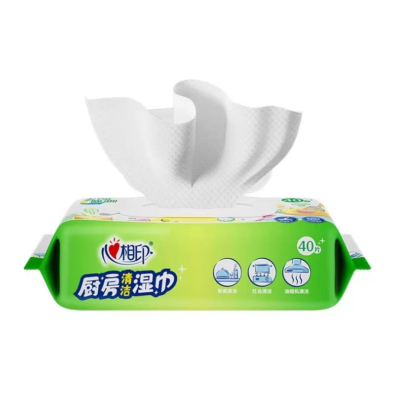 心相印厨房清洁湿巾包装正面，带翻盖设计，40 片装