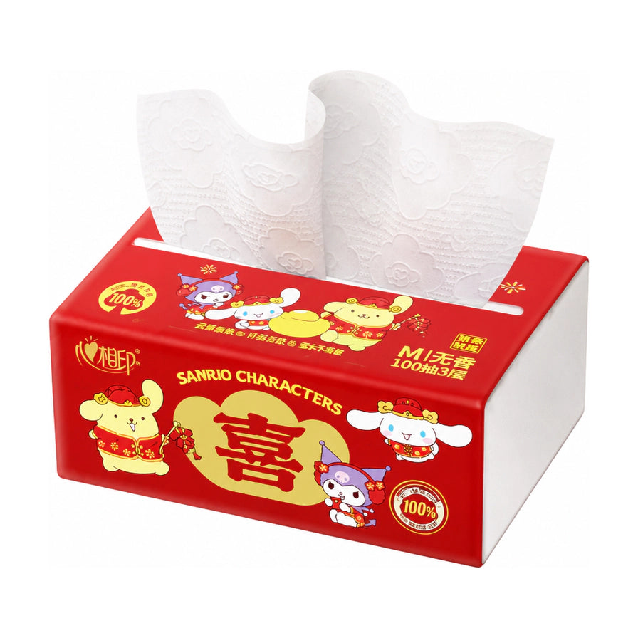 心相印三丽鸥联名款喜庆云感柔肤抽纸，红色包装印有大耳狗和布丁狗图案，纸巾带有云感压花纹理。