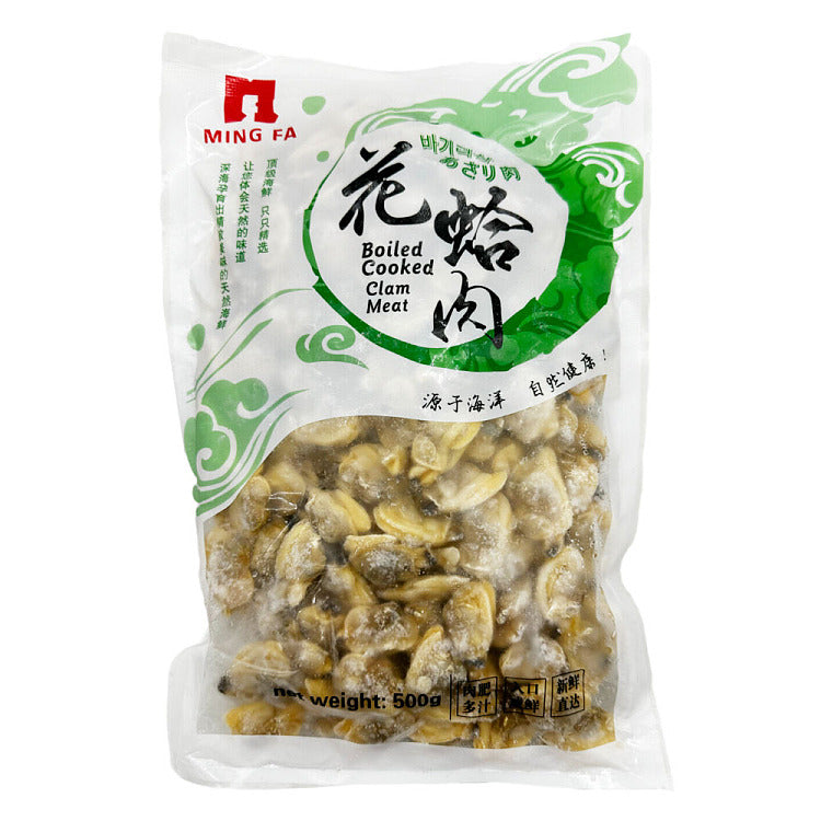 明发冷冻去壳熟花蛤肉 500g 包装正面图，袋内可见饱满花蛤肉