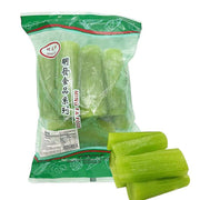 明发冷冻莴笋条 500g 包装袋正面，展示免洗免切的绿色蔬菜条