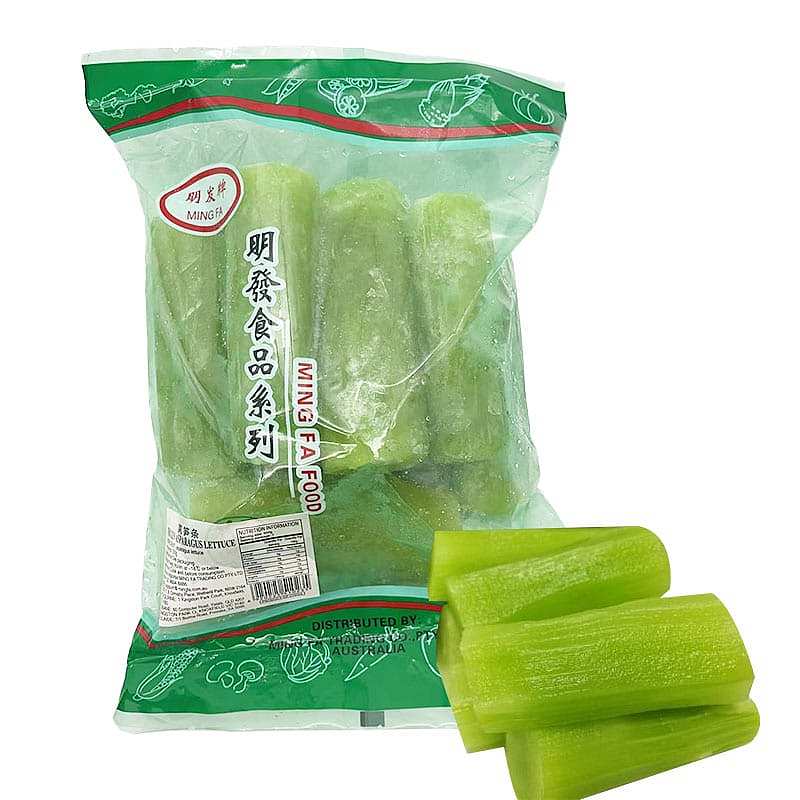 明发冷冻莴笋条 500g 包装袋正面，展示免洗免切的绿色蔬菜条