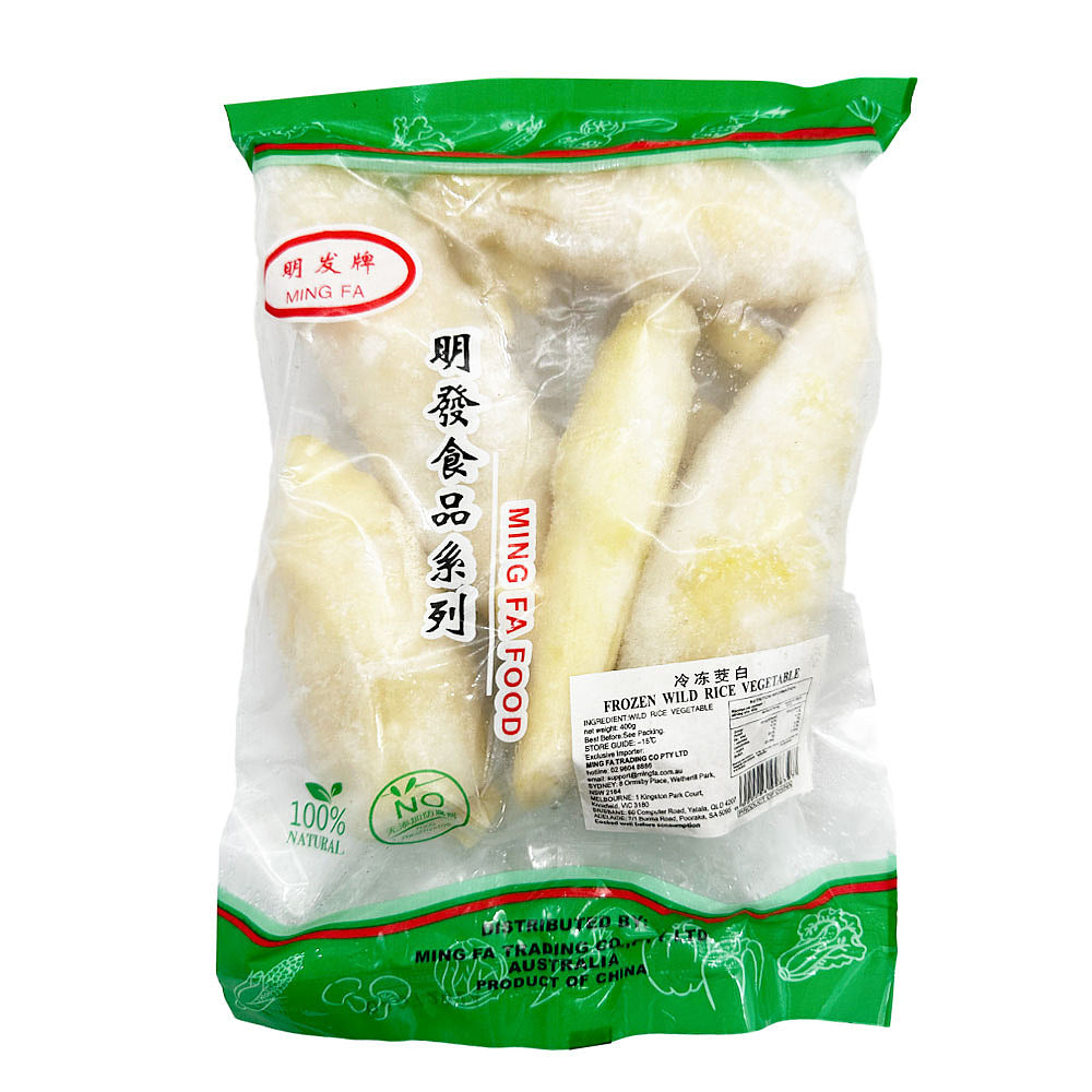 明发家乡味冷冻去壳茭白 400g 包装正面，展示鲜甜脆嫩的免洗食材