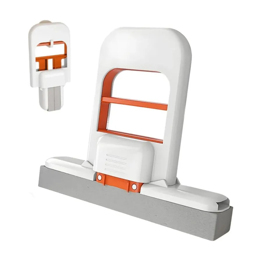 白色与橙色相间的迷你海绵拖把，展示其展开后的正面结构及侧面折叠状态。