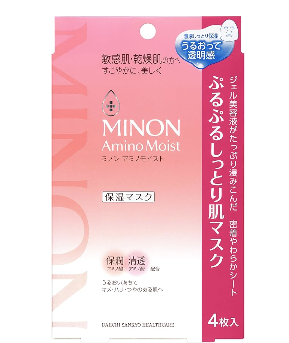 MINON 蜜浓氨基酸面膜包装盒正面，粉色设计，显示 4 枚入规格