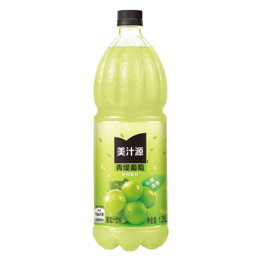 美汁源阳光葡萄汁1.25L大瓶装，瓶身印有青提葡萄图案和多肉爽粒字样