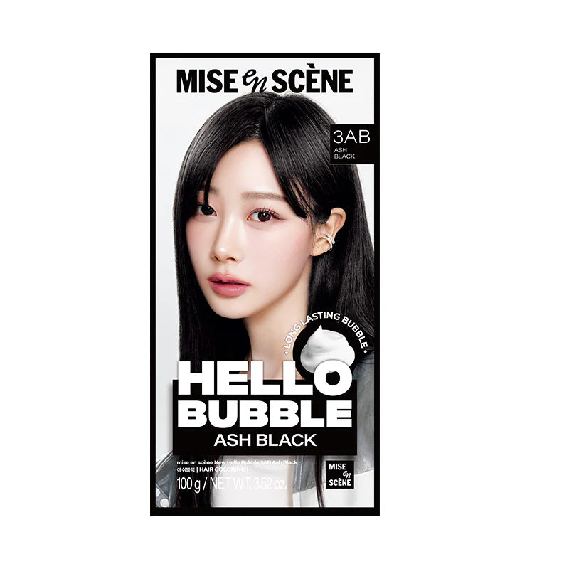 爱茉莉 Hello Bubble 泡沫染发剂 Ash Black 深黑色包装，展示模特乌黑亮丽发丝质感。