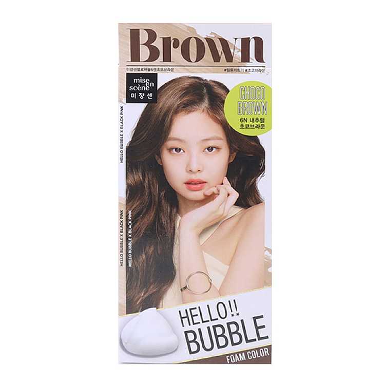 爱茉莉 Hello Bubble 泡沫染发剂 Choco Brown 巧克力棕色包装，展示温暖棕色调染发效果。
