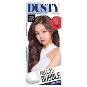 爱茉莉 Hello Bubble 泡沫染发剂 Dusty Ash 色号包装，展示模特染后亚麻烟灰发色效果。