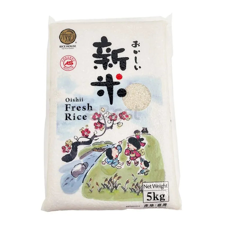米屋台湾新米 5kg 包装正面图，展示品牌标识与当季鲜米字样
