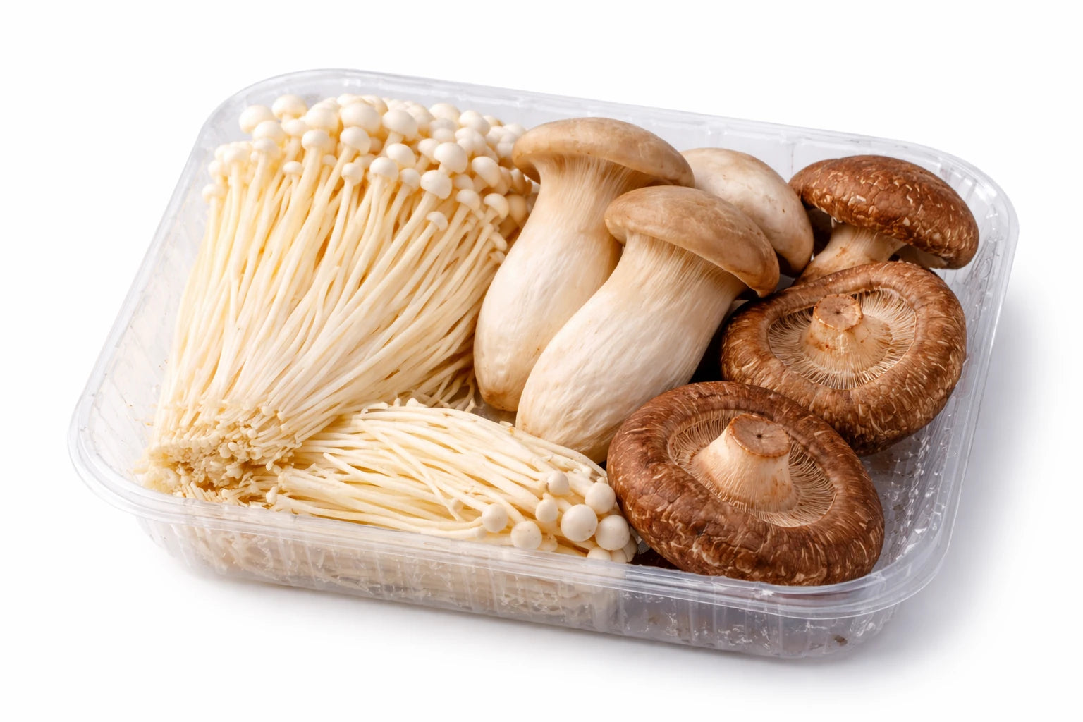 一盒 250g 精品杂菇拼盘，包含金针菇、香菇和杏鲍菇，适合火锅或快炒。