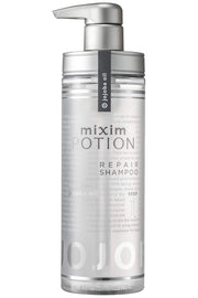 Mixim Potion 精油修复洗发精正面特写，银色泵头瓶身展示品牌与成分信息。