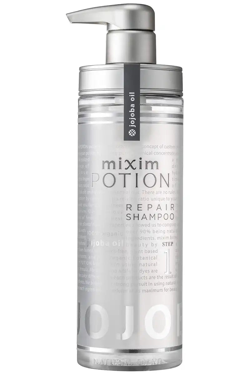 MIXIM POTION 觅籍氨基酸修护洗发水正面图，银色泵头透明瓶身，标签显示 Jojoba Oil 成分。