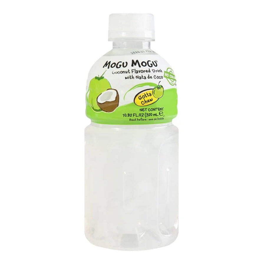 Mogu Mogu 椰子味椰果果汁单瓶装，透明色液体搭配椰子图案。