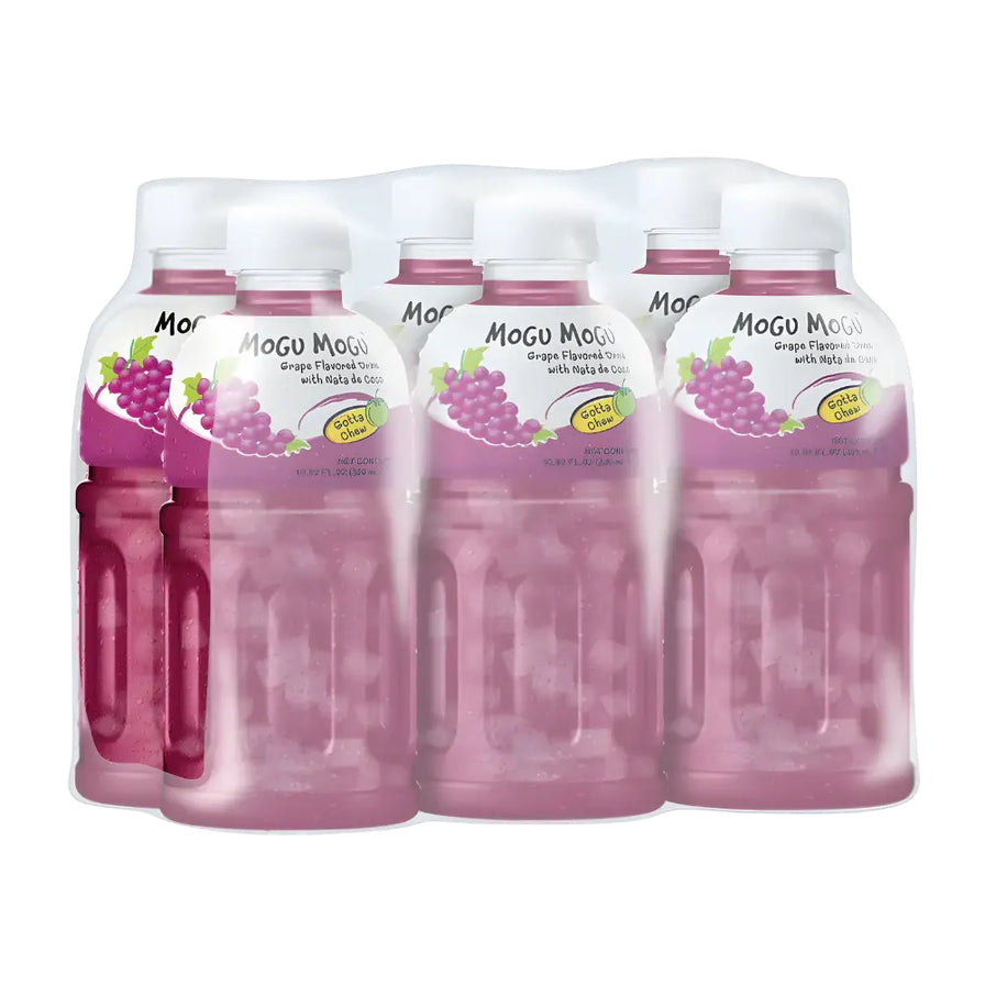 Mogu Mogu 提子味椰果果汁 6 瓶塑封包装，紫色果汁搭配葡萄图案。