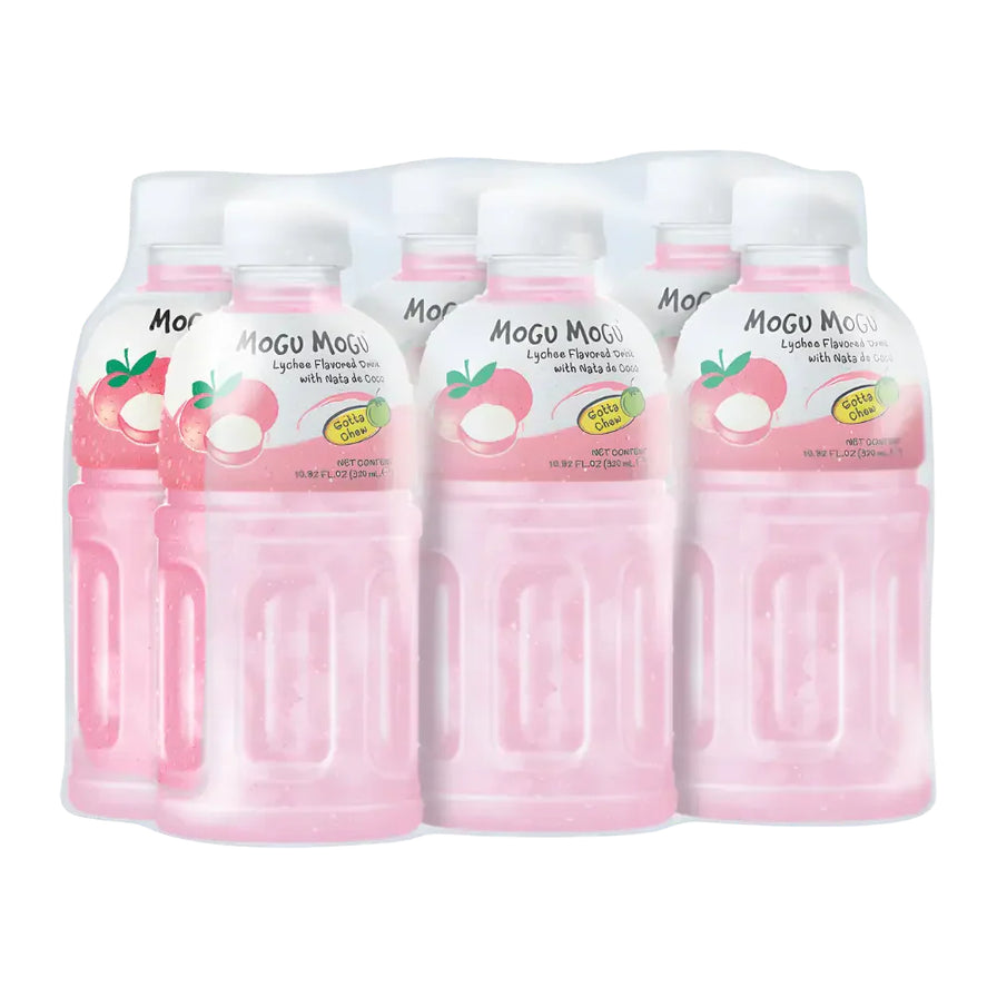 Mogu Mogu 荔枝味椰果果汁 6 瓶塑封包装，浅粉色果汁搭配荔枝图案。