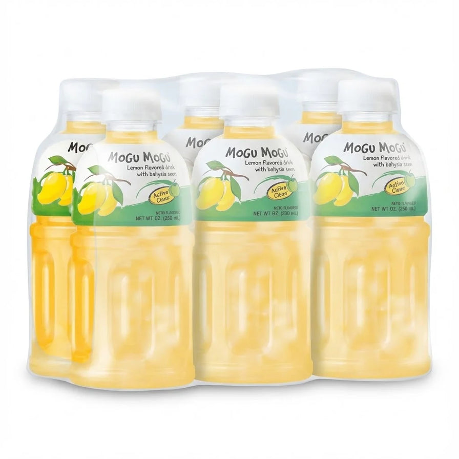 Mogu Mogu 芒果味椰果果汁 6 瓶塑封包装，瓶身印有新鲜芒果图案。
