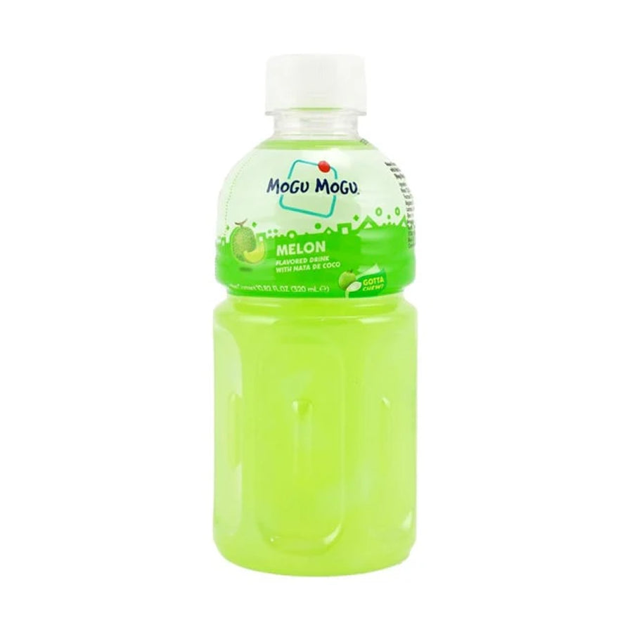 Mogu Mogu 蜜瓜味椰果果汁单瓶装，亮绿色果汁搭配哈密瓜图案。
