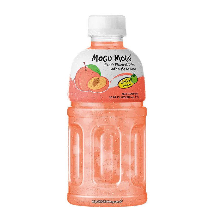 Mogu Mogu 水蜜桃味椰果果汁单瓶装，粉橙色果汁搭配桃子图案。