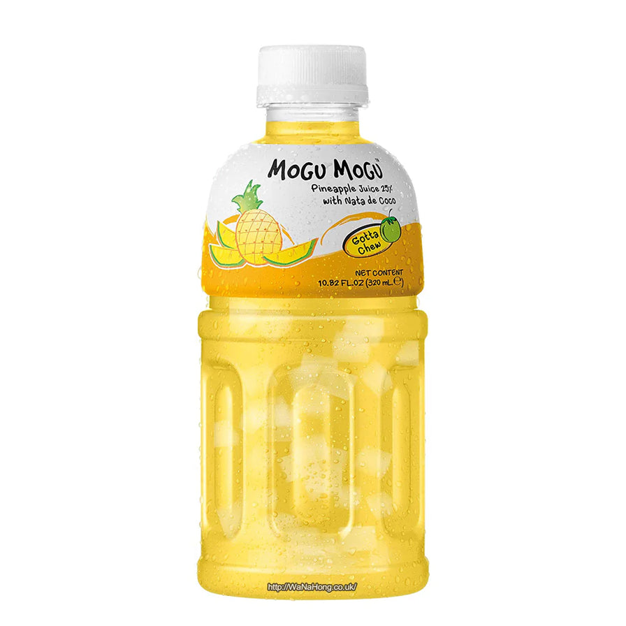 Mogu Mogu 菠萝味椰果果汁单瓶装，黄色果汁搭配菠萝切片图案。