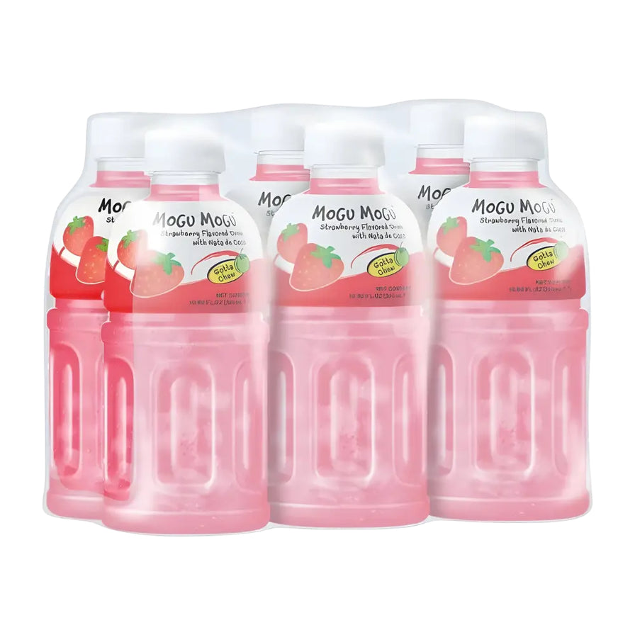 Mogu Mogu 草莓味椰果果汁 6 瓶塑封包装，粉色果汁搭配草莓图案。