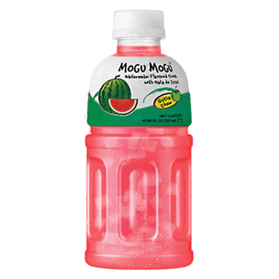 Mogu Mogu 西瓜味椰果果汁单瓶装，红色果汁搭配西瓜切片图案。