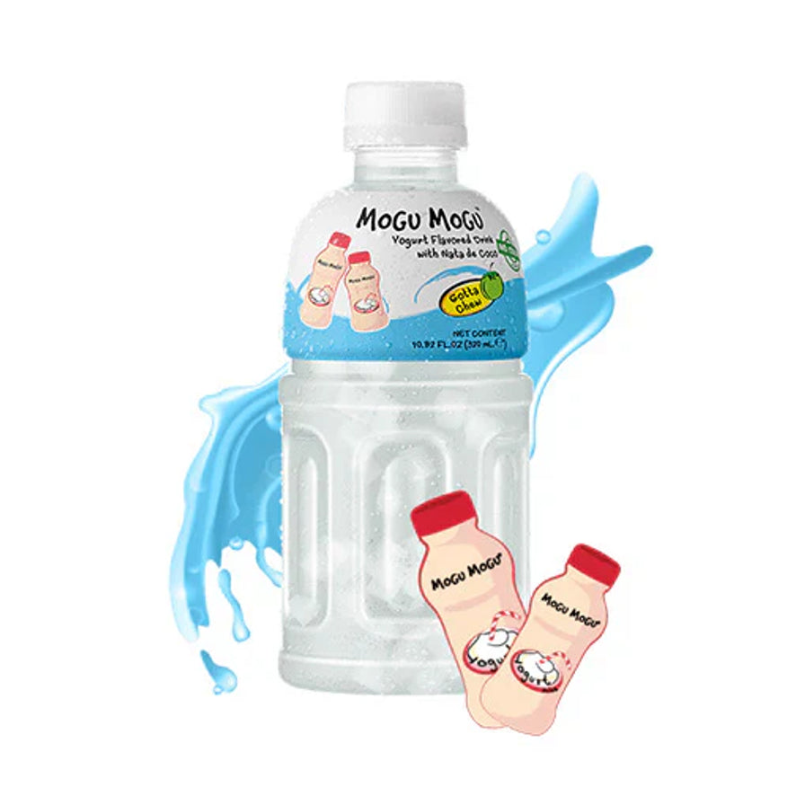Mogu Mogu 酸奶味椰果饮品单瓶装，白色半透明液体搭配蓝色标签。