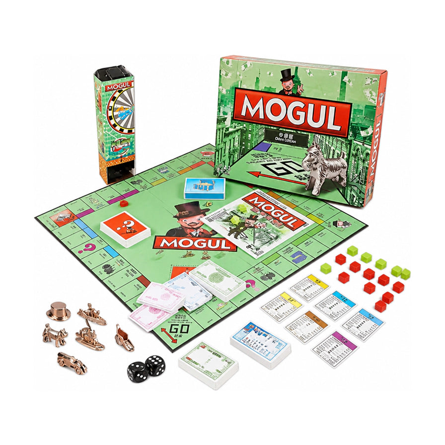 MOGUL 地产大亨桌游套装摆放图，展示游戏盒、地图、纸币、卡牌、合金棋子、骰子和骰塔