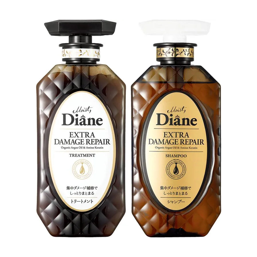黛丝恩深层修复洗护套装正面图，包含洗发水和护发素两瓶黑色菱格纹瓶身产品。