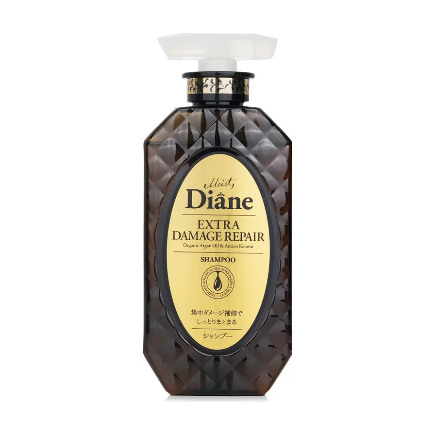 黛丝恩摩洛哥油修护洗发水单瓶正面图，深棕色菱格纹瓶身配黄色标签