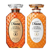 Moist Diane Extra Straight 摩洛哥油洗护套装正面展示，包含洗发水与护发素两瓶橙色菱格纹包装。