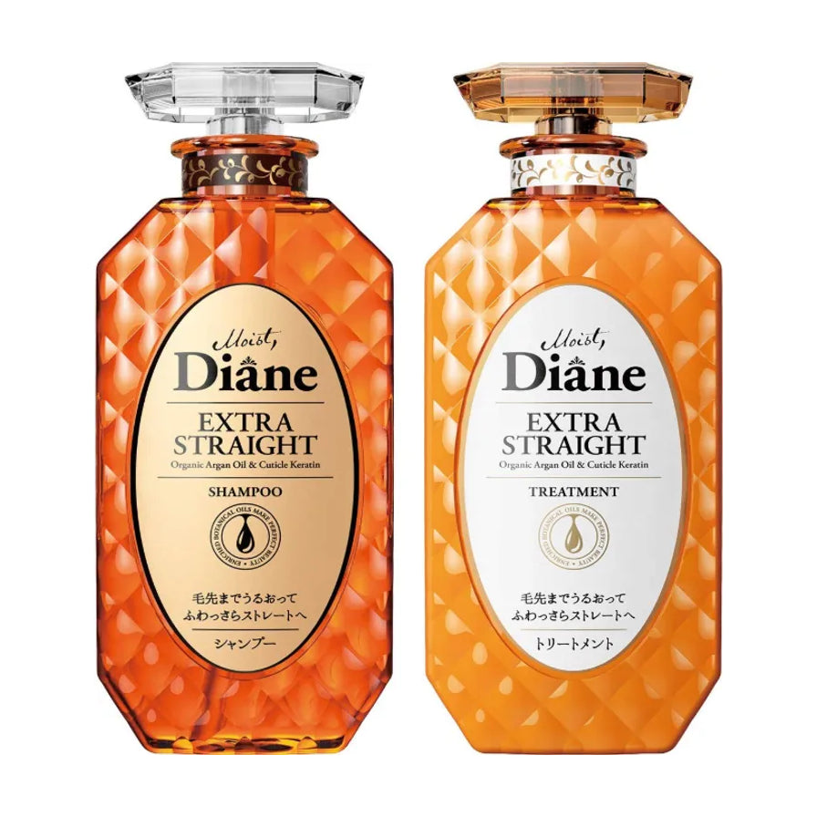 Moist Diane Extra Straight 摩洛哥油洗护套装正面展示，包含洗发水与护发素两瓶橙色菱格纹包装。