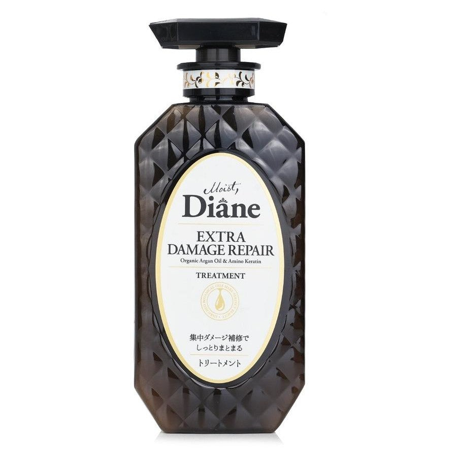 黛丝恩摩洛哥油修护护发素正面图，黑色菱格瓶身，白色椭圆标签显示 Extra Damage Repair Treatment。
