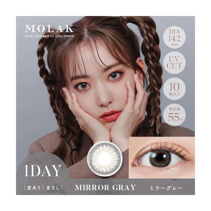 MOLAK Mirror Gray 日抛美瞳模特佩戴展示，含镜片纹理细节与上眼效果特写。
