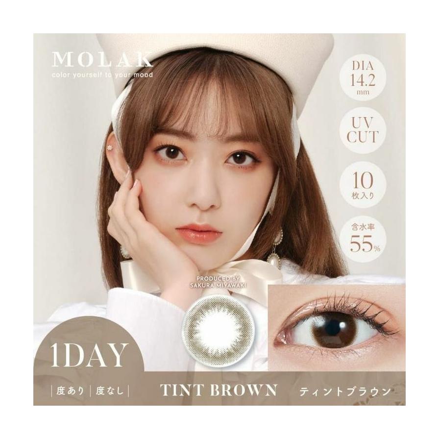 MOLAK TINT BROWN 日抛美瞳模特佩戴展示，包含镜片花纹特写与上眼效果，自然混血棕风格。
