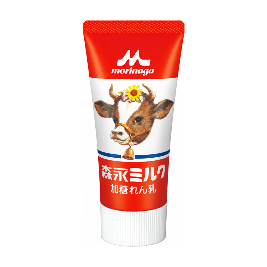 森永乳业经典软管挤压式炼乳120g正面图，白色背景，包装上有标志性的奶牛图案和Morinaga品牌标识。