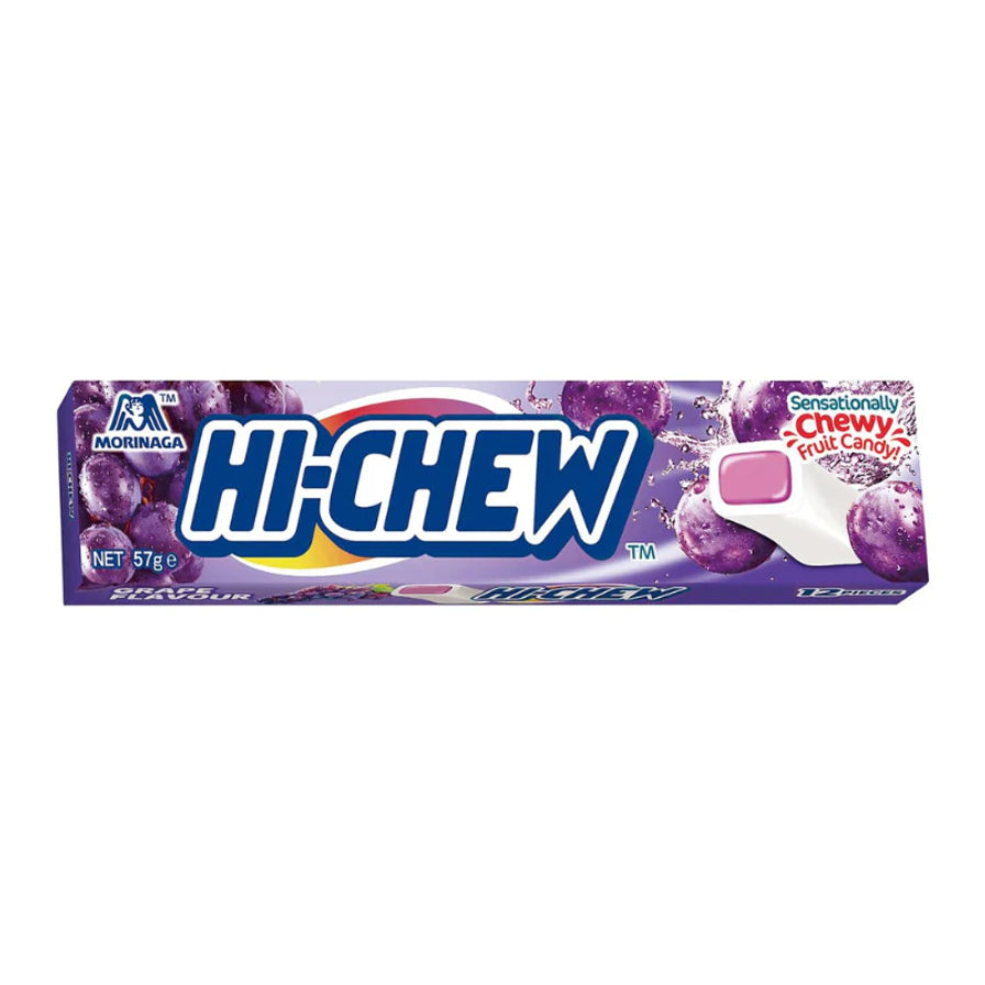 森永嗨秋Hi - chew葡萄味夹心软糖条装，包装展示紫色葡萄与软糖剖面。