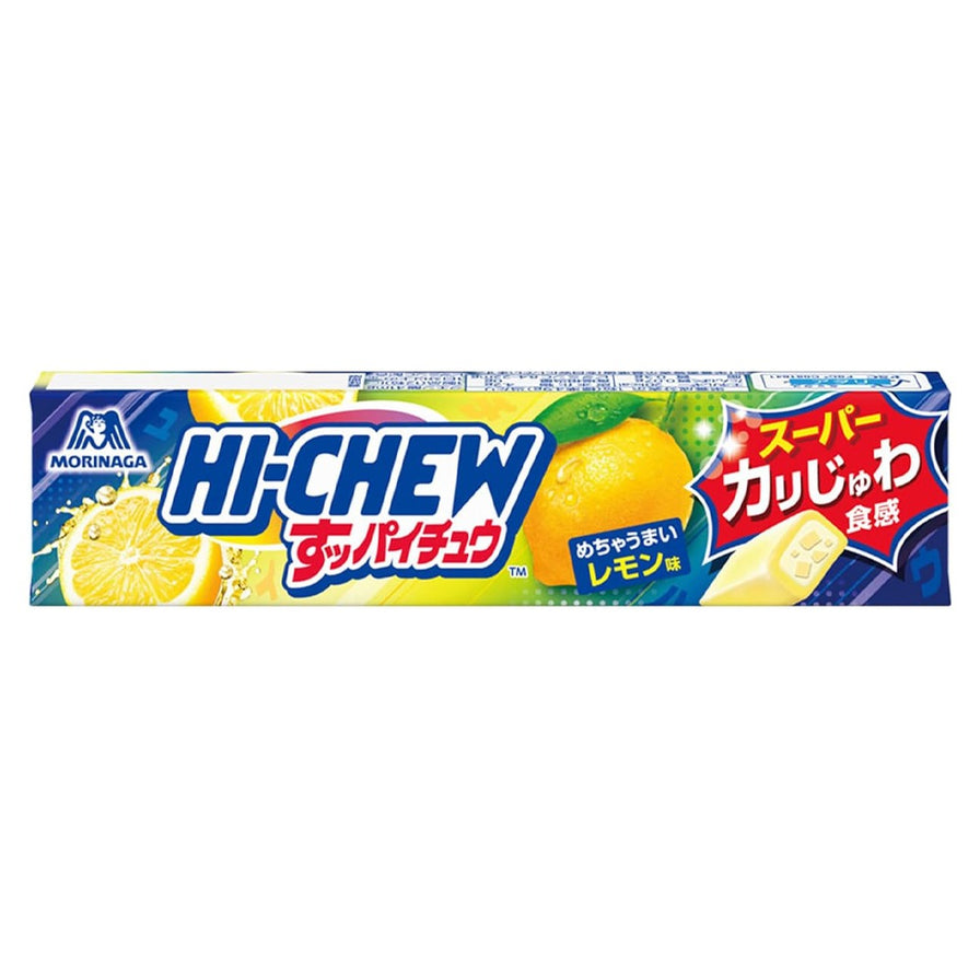 森永嗨秋Hi - chew黄柠檬味夹心软糖条装，日文包装展示柠檬切片。