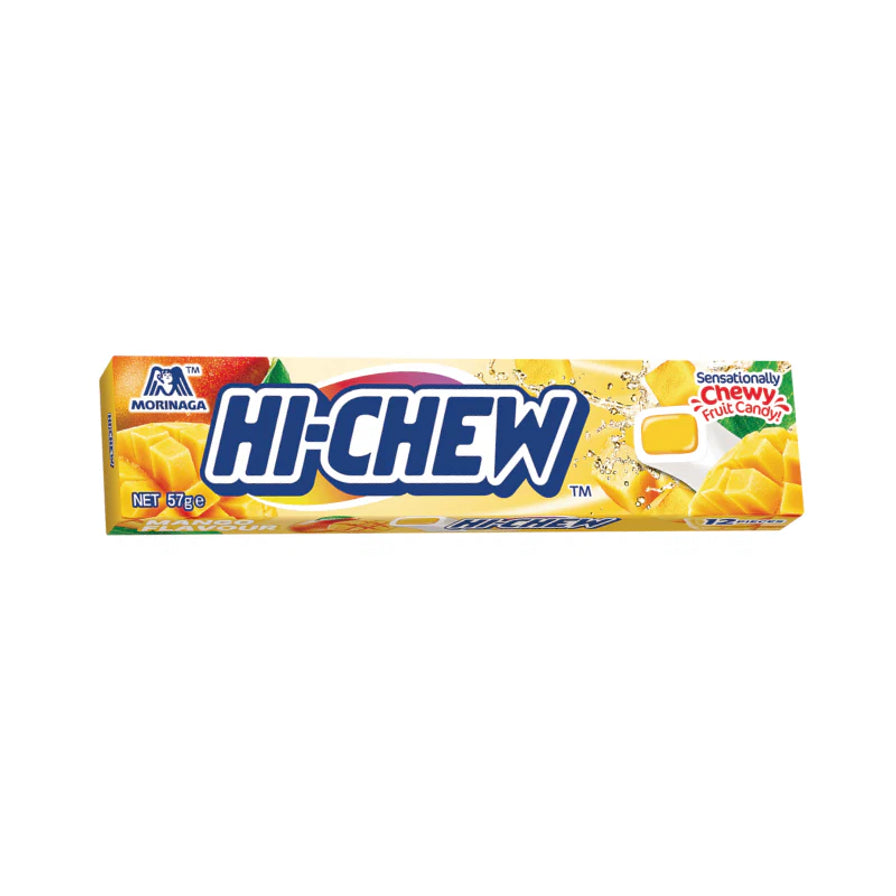 森永嗨秋Hi - chew芒果味夹心软糖条装，包装展示芒果果肉与软糖剖面。