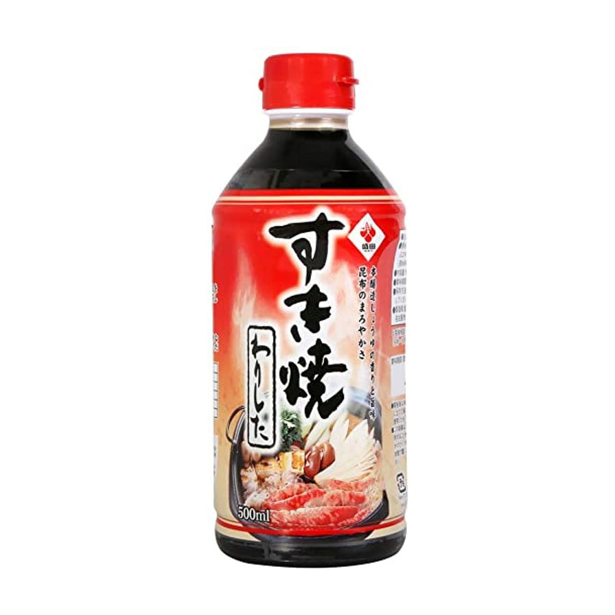 盛田寿喜烧酱油500ml瓶装正面图，红色瓶盖，标签印有寿喜烧火锅图案及日文字样。