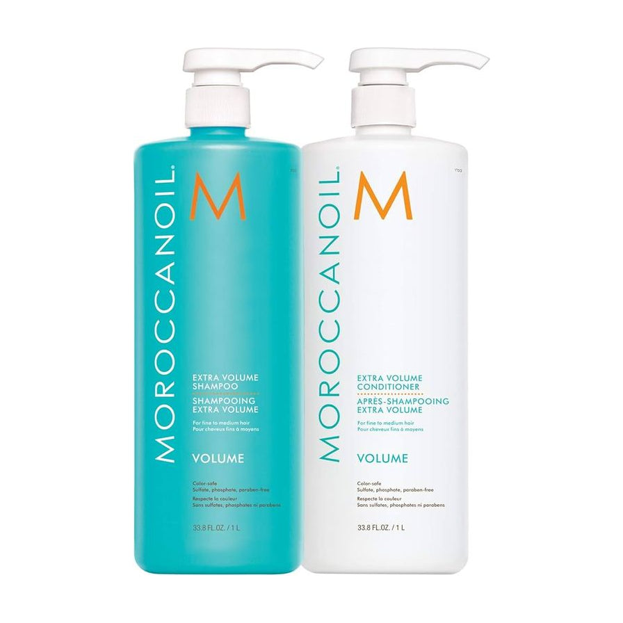 Moroccanoil 摩洛哥油丰盈洗护套装，包含蓝色洗发水和白色护发素两瓶泵头装产品。
