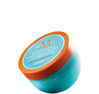 Moroccanoil 强效修复发膜罐装俯视图，橙色盖子搭配蓝绿色瓶身，黑色背景展示产品细节。
