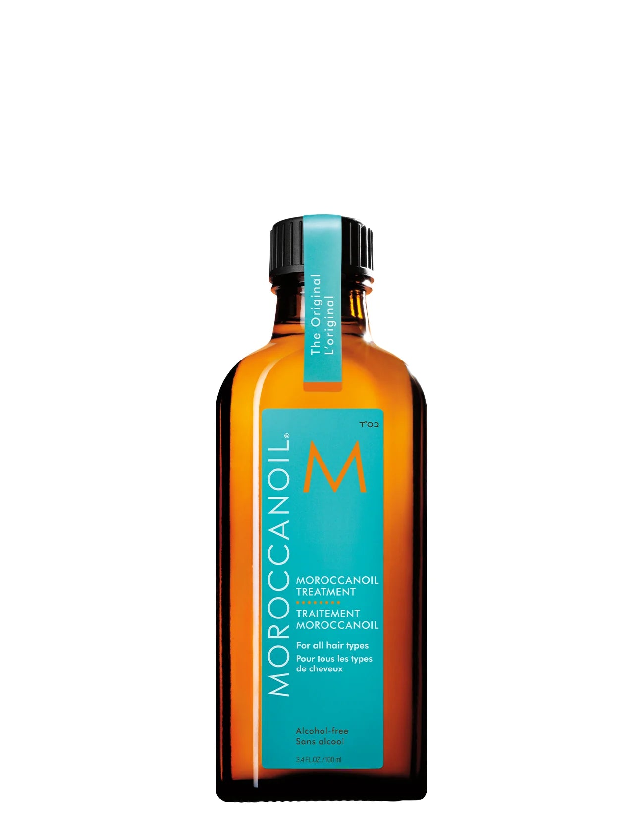 Moroccanoil 摩洛哥护发精油经典款正面特写，琥珀色瓶身搭配蓝绿色标签，白色背景。