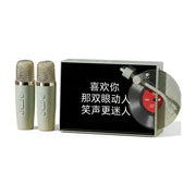 MORROR ART R1 智能语音 K 歌音响冰奶绿版，白色背景下展示复古黑胶唱片造型音箱及配套的双无线麦克风，屏幕显示歌词。