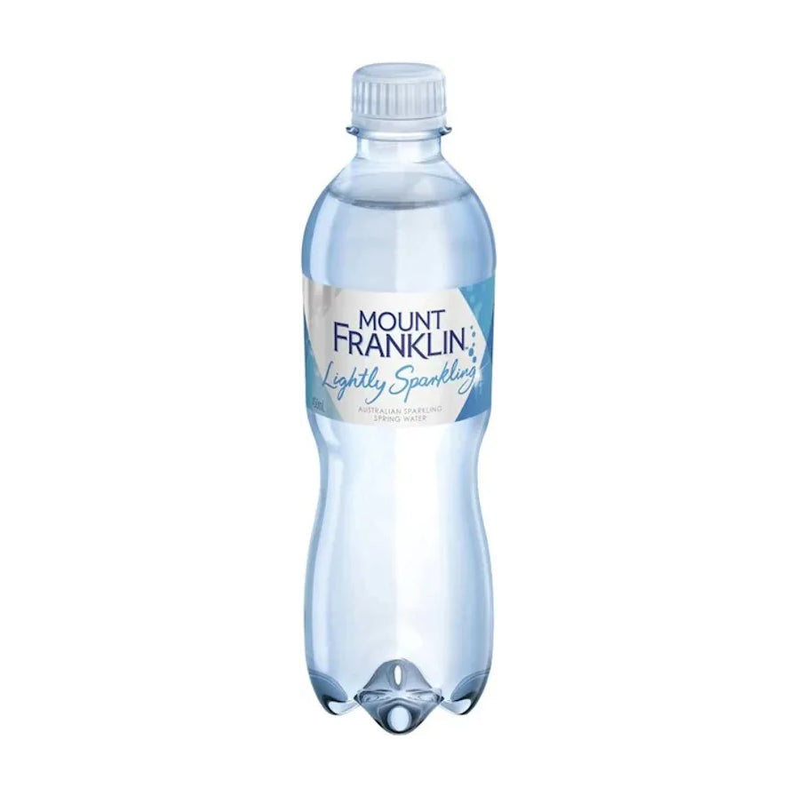 Mount Franklin 澳洲纯净气泡水 1.25L 瓶装正面图，白色瓶盖，蓝色标签印有 Lightly Sparkling 字样。
