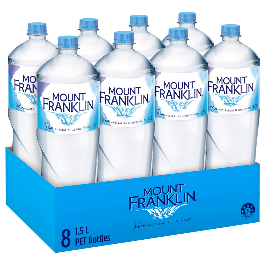 Mount Franklin 富兰克林山 1.5L 天然泉水整箱装，蓝色纸盒内整齐排列多瓶泉水。