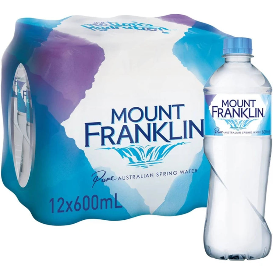 Mount Franklin 富兰克林山 600ml 天然泉水整箱装，包含 12 瓶，外包装印有品牌标志。