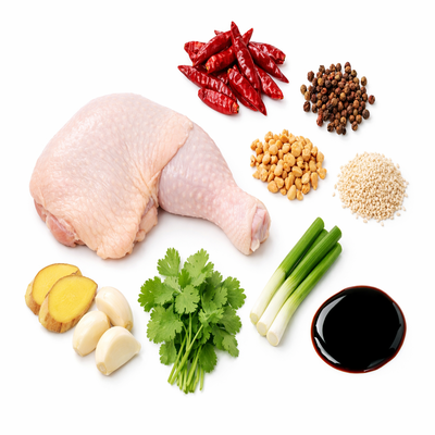 口水鸡食材俯拍图，包含生鸡腿、干辣椒、花椒、花生、芝麻、姜蒜和香菜。