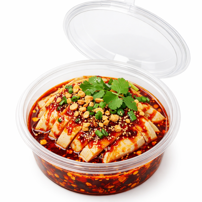 透明圆盒装口水鸡，红油覆盖去骨鸡腿肉，撒有花生碎、白芝麻和香菜。