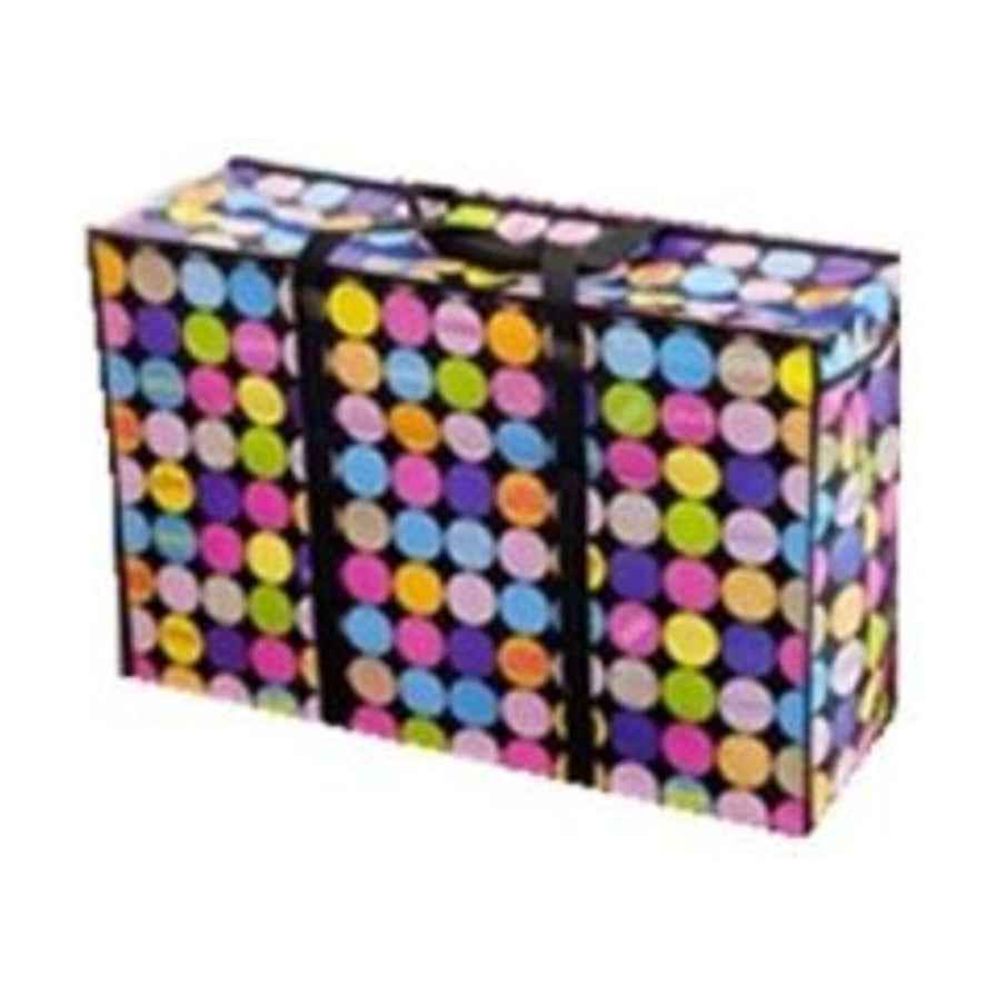 彩色波点图案搬家打包袋正面图，黑色背景上布满多彩圆点，配有黑色加固提手。