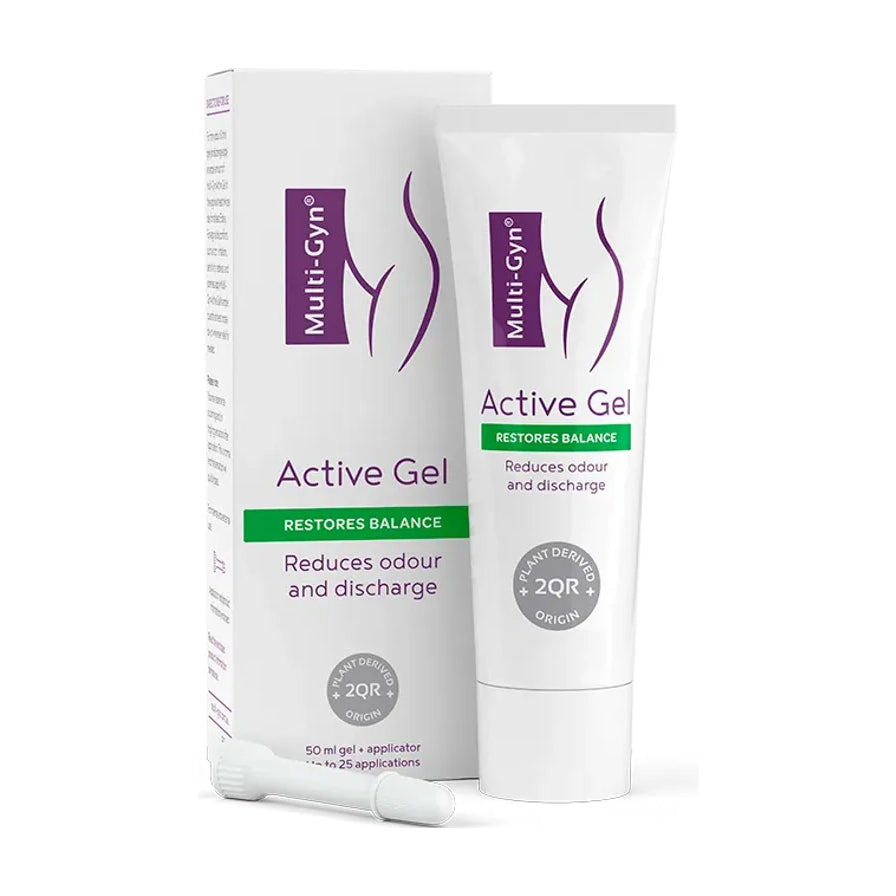 Multi - Gyn Active Gel 女性私处专用除异味凝胶 50ml 包装盒与软管装，附带白色专用涂抹器，白色背景。